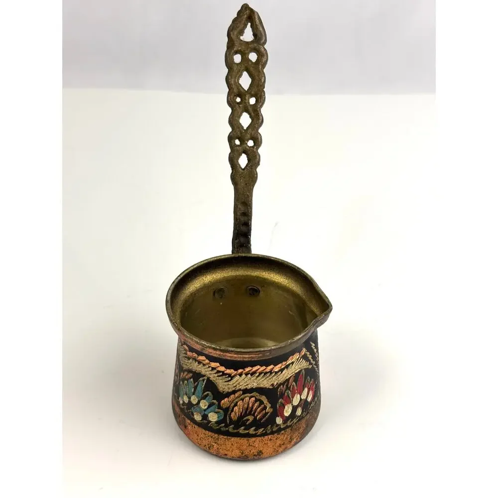 Vintage Turkish Hand Painted Copper Coffee Pot Kettle Decor Cezve Wooden Handle‎